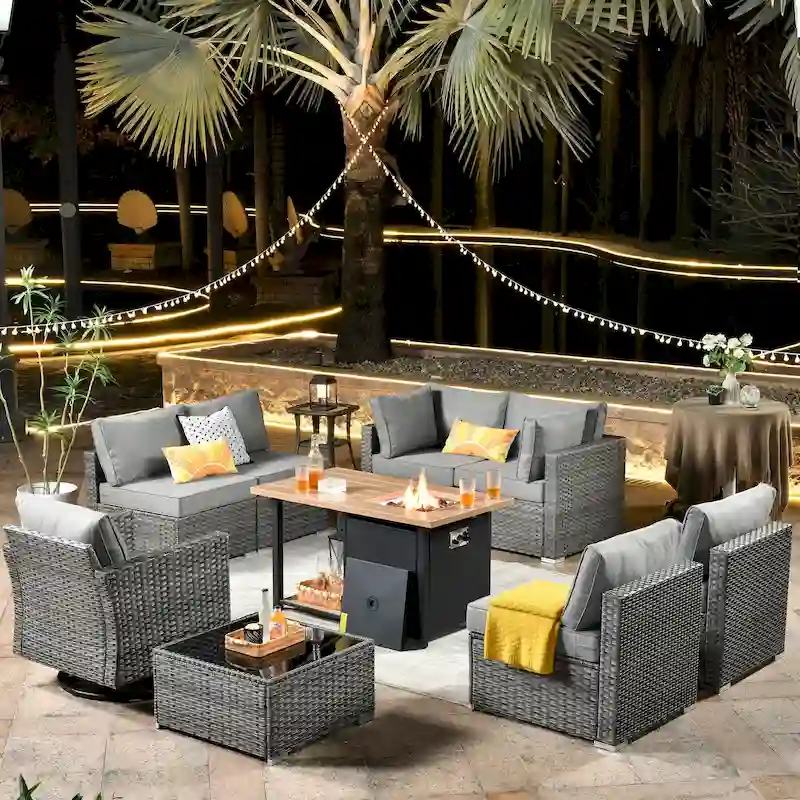 HOOOWOOO 10-piece Grey Rattan Patio Furniture Set with Fire Pit