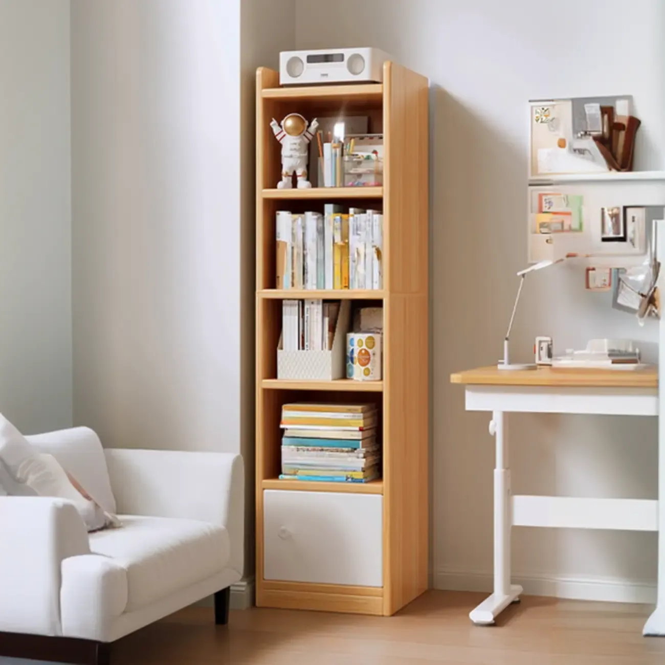 Narrow 6-Shelf White Wooden Bookcase with Cabinet