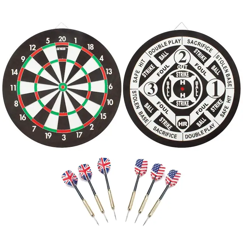 GSE 18 2-in-1 Paper Baseball & Dart Board Games Set. Double-Sided Dartboard with six 17G Steel Tip Darts - 18-Inch
