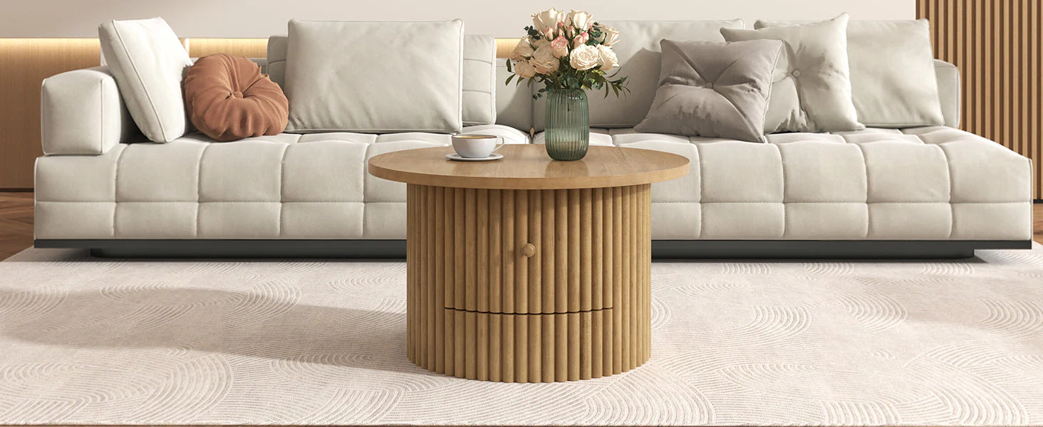 Walker Edison | Reeded Round Coffee Table with a Drawer