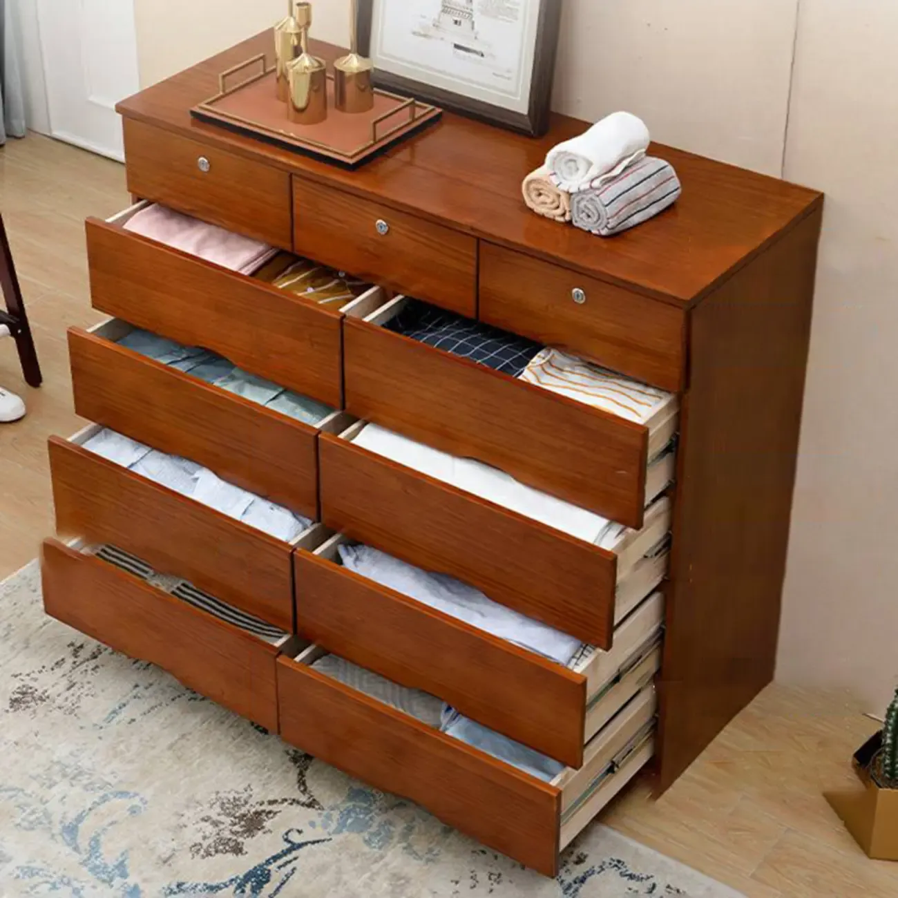 Natural Wood Double Dresser with Lockable Drawer