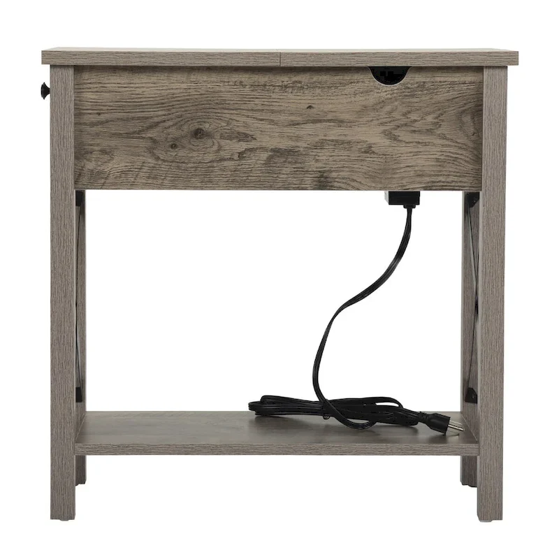 Farmhouse Flip Top Nightstand End Table W/Drawer 2AC Outlets 2USB