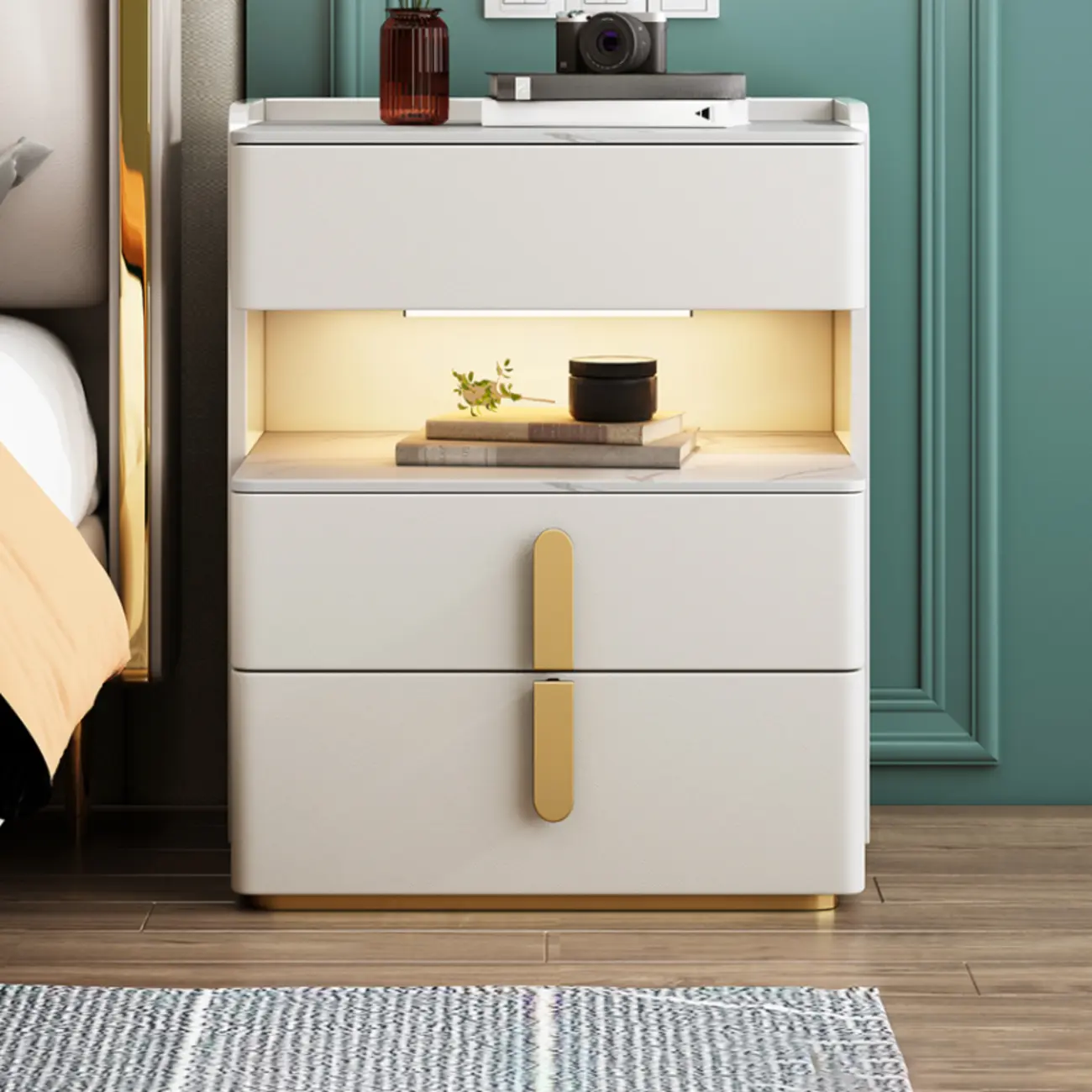 LED Lighting White Marble 3-Drawer Storage Nightstand