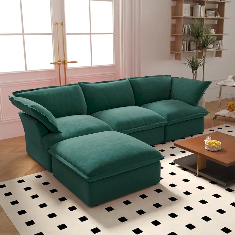 Cloud Sectional Sofa Down Feather Modular Couch L-shaped Velvet Wide Deep Seat Convertible Sofa.