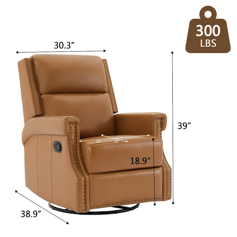Genuine Leather Manual Rocking Recliner with 360-degree Metal Swivel Base