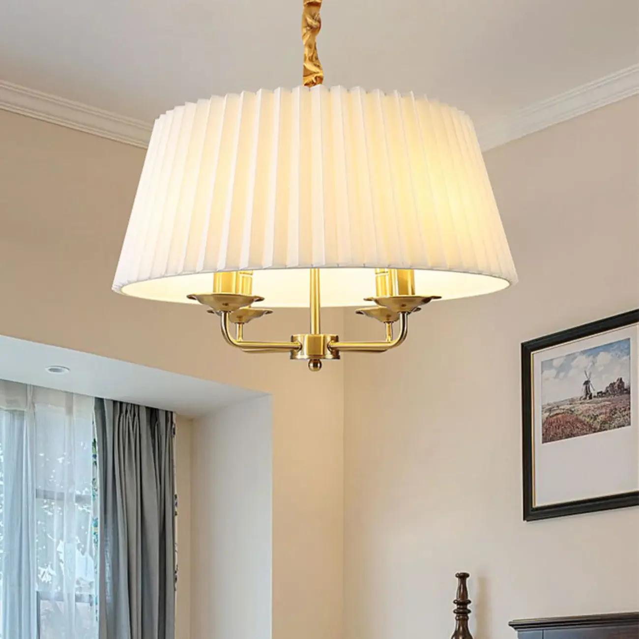 Modern Gold White Pleated Drum Chandelier Adjustable Height