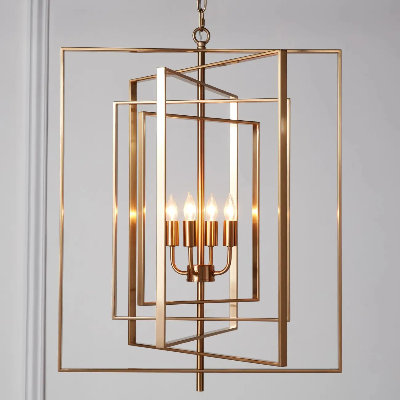 Modern Gold Rectangular Metal Cage Chandelier