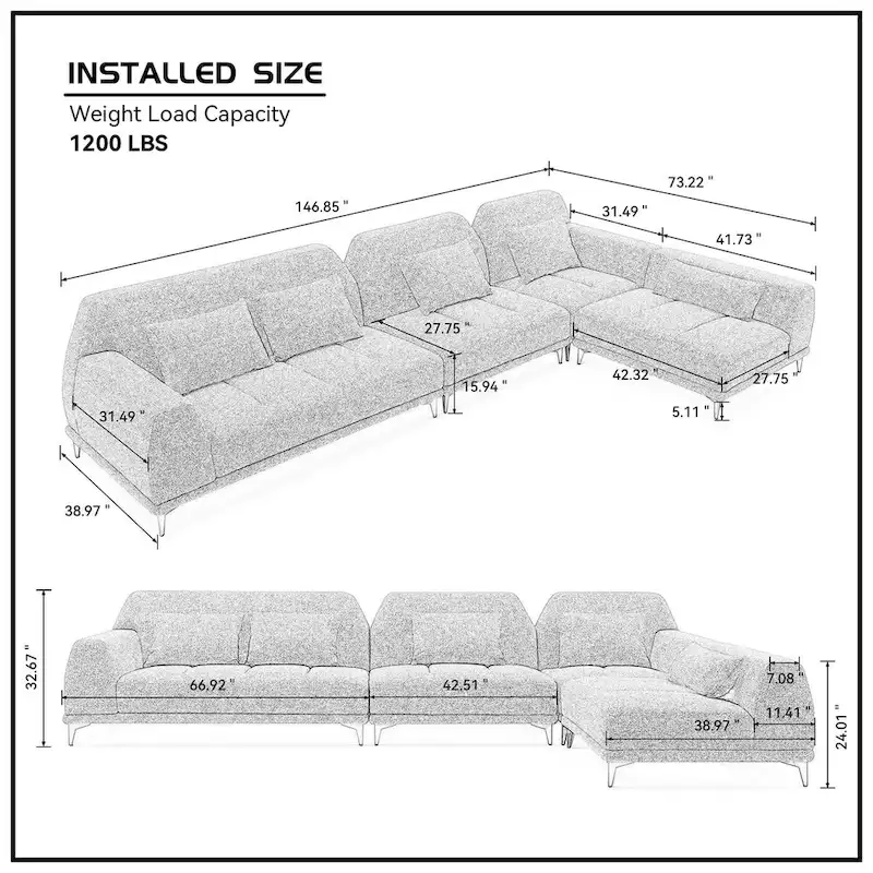 Modern Large Removable Sectional Sofa Grey Fabric with Pillows