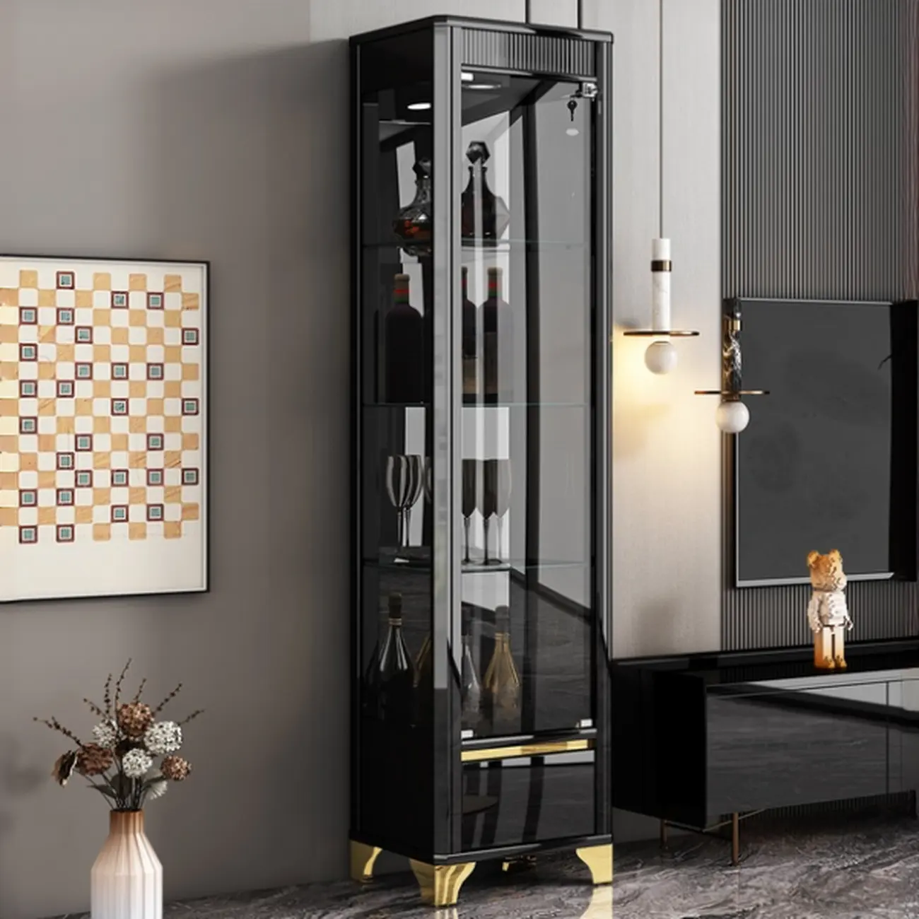 Elegant Black Gold Legs Glass Display Cabinet