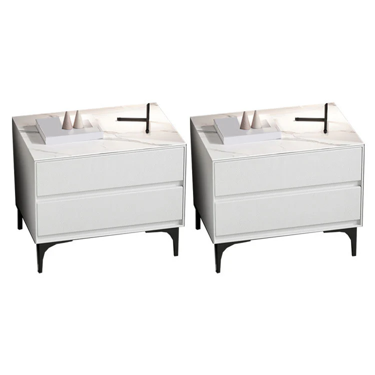 Modern Stone Top Faux Leather 2-Drawer Nightstand