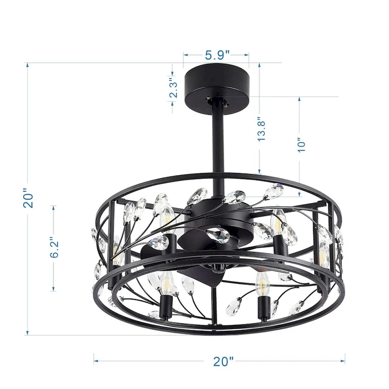 20-In Black Crystal Caged Ceiling Fan with Light Remote-6 Light