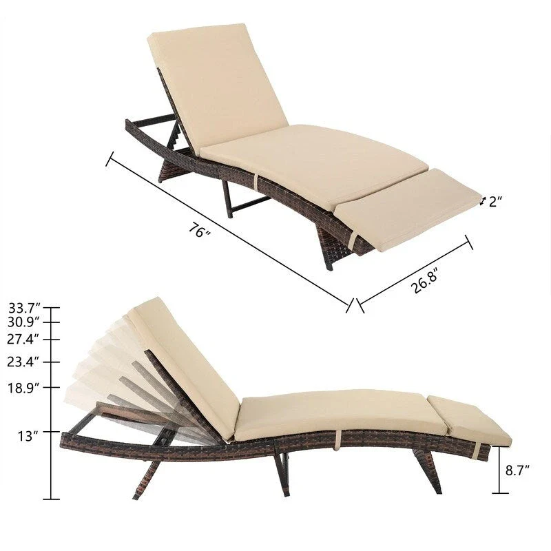 Patio Garden Single Wicker Chaise Lounge with Cushion - 1Lounge -Chair