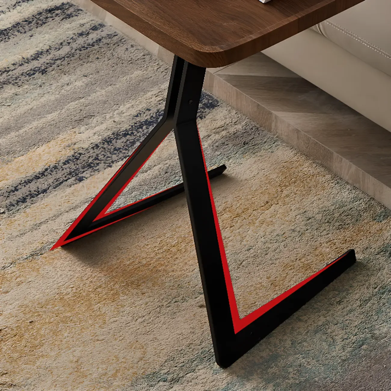 C-Shpaed Brown Wood Round Side Table with Metal Legs