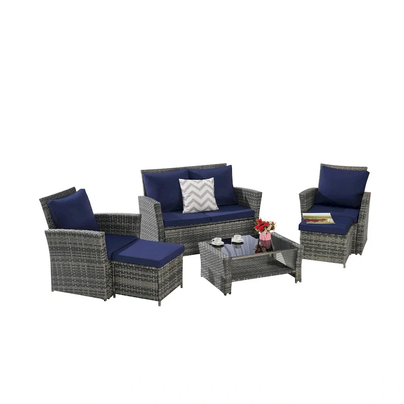 6 Piece Wicker Patio Furniture Sets with Tempered Glass Coffee Table & Ottoman