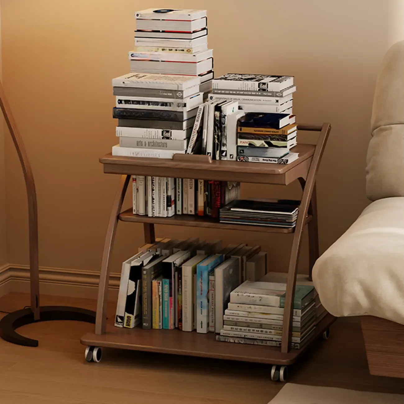 Folding 3-Tier Wooden Flip Top Rolling Side Table Nut-Brown