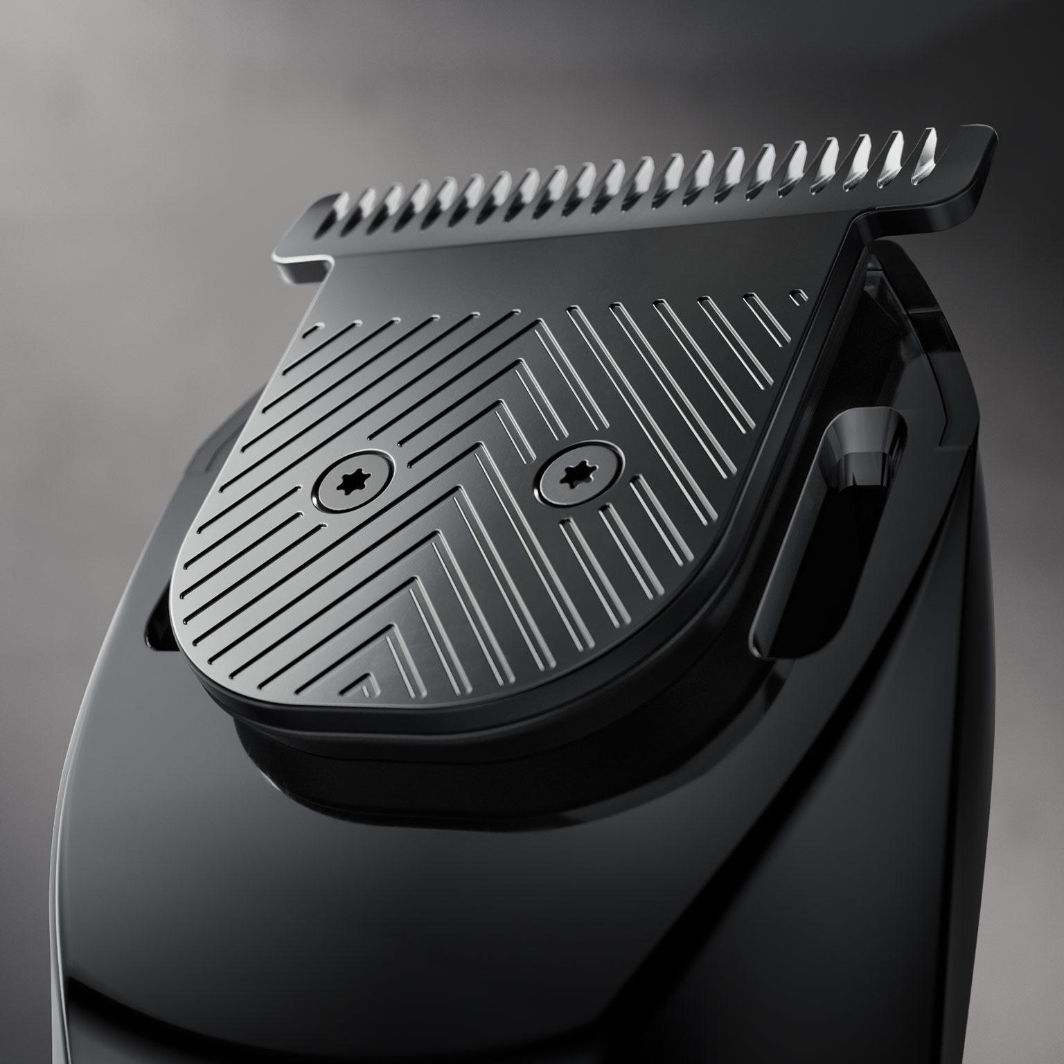 Close-up of the Beard Hedger trimmer head, highlighting its t-blade with a textured black finish.