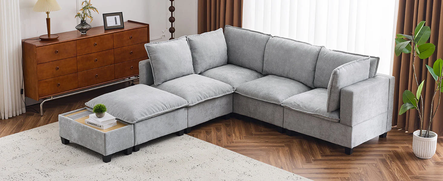 Walker Edison | Cloud Chenille Modular Sectional Sofa with Coffee Table