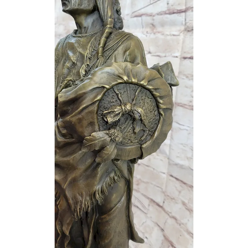 Indian Chief With Shield Gun Full Headdress Native American Bronze Statue 22 Inches