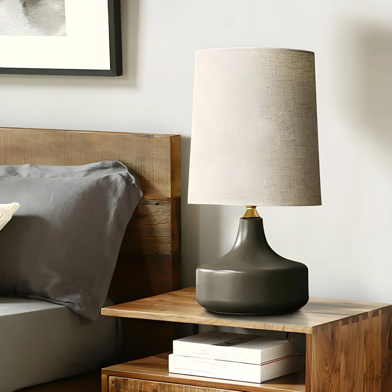 Modern Ceramic Barrel Bedside Table Lamp with Linen Shade