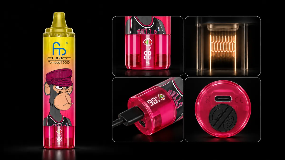 FUMOT Tornado 15000 Cola Lemon – Detailansichten von Display, Heizsystem, USB-C-Anschluss und Luftregulierung