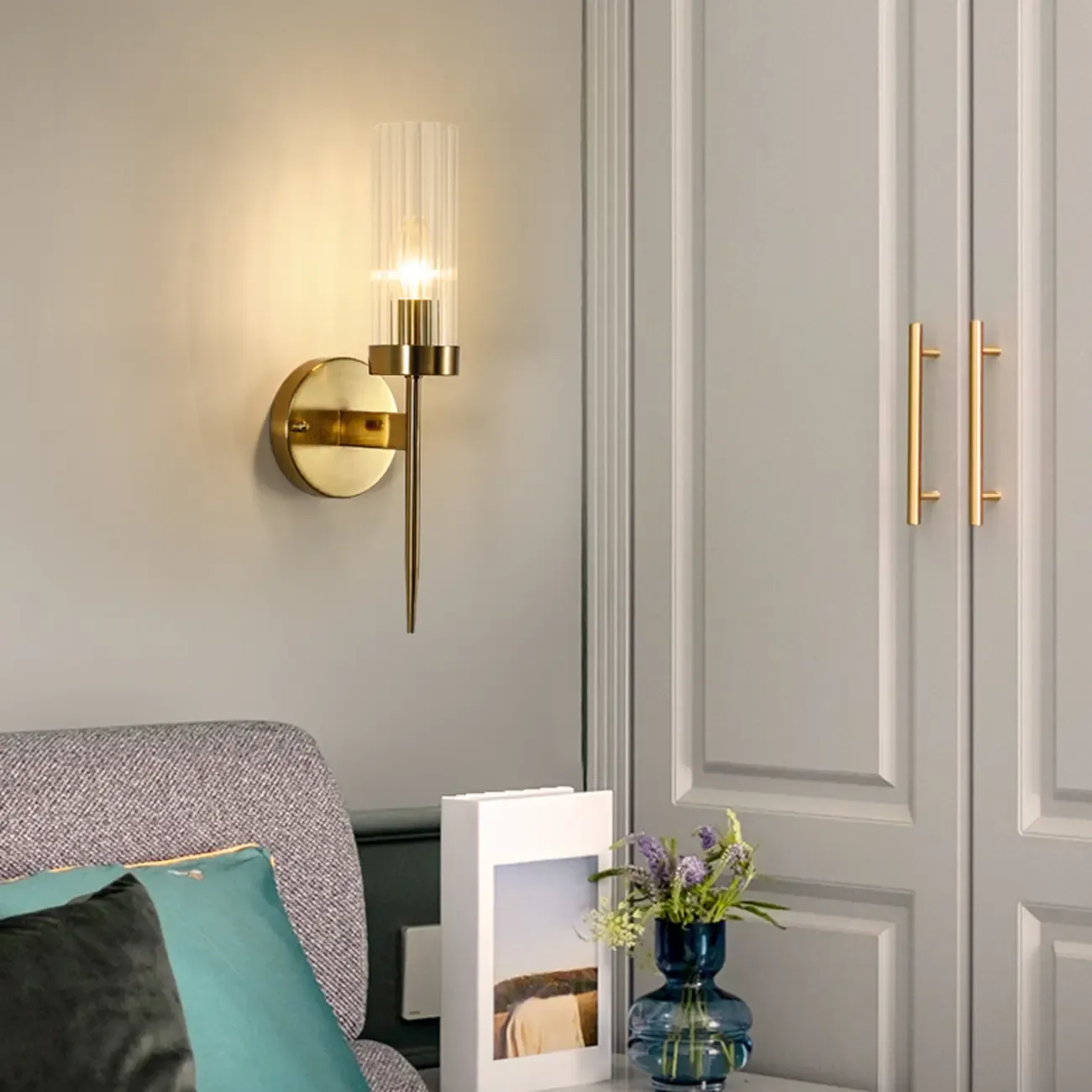 Cylinder Brass Wall Sconce with Glass Shade for Bedroom Decor