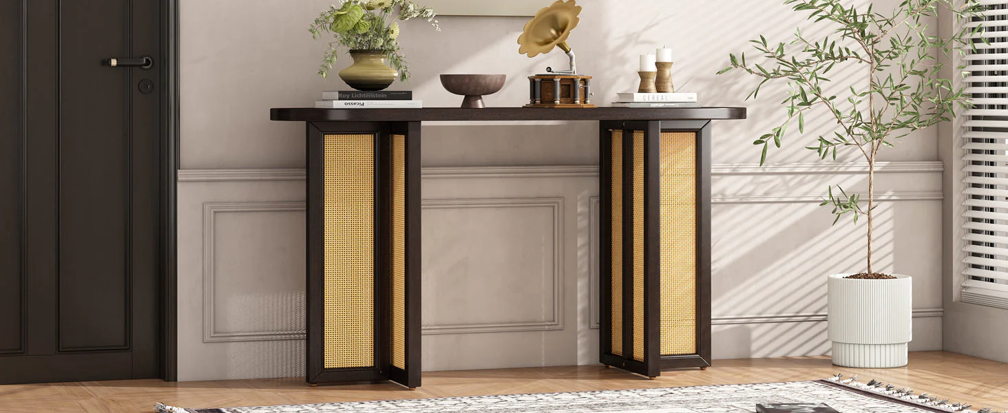 Walker Edison | Farmhouse Rattan Console Table Entryway Table