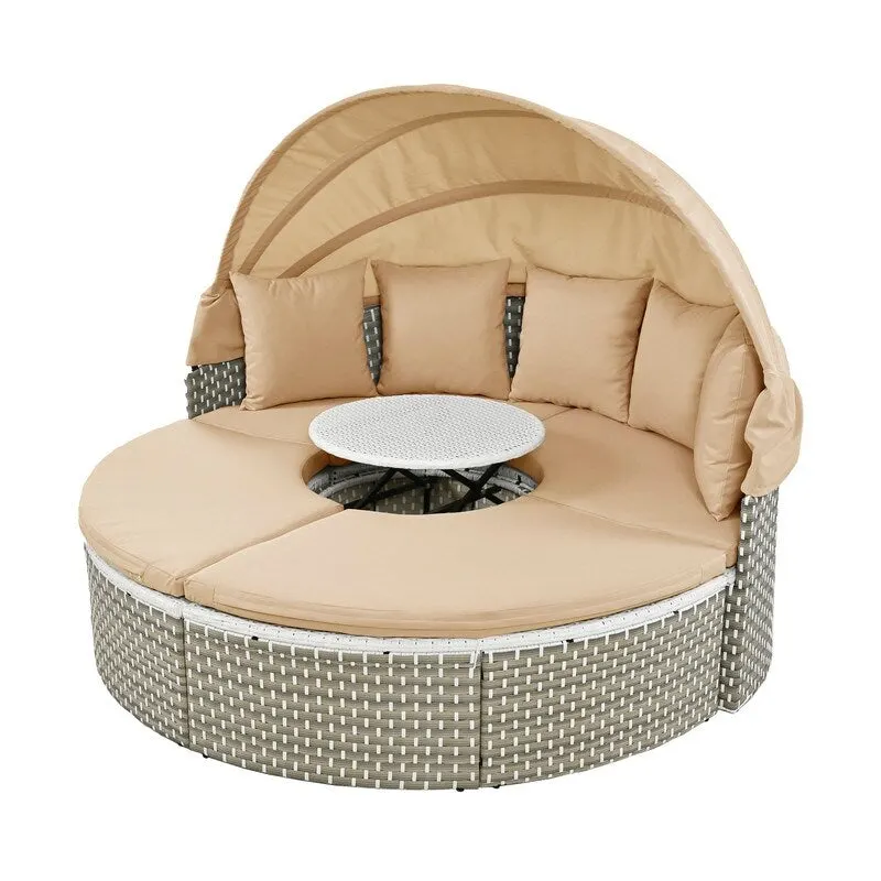 Round Patio Sectional Sofa Set  Two-Tone Rattan Daybed with Retractable Canopy & Modular Seating