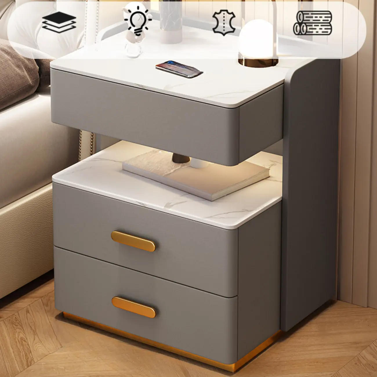 Modern Leather-Faced Nightstand with Storage and LED Light - Beige