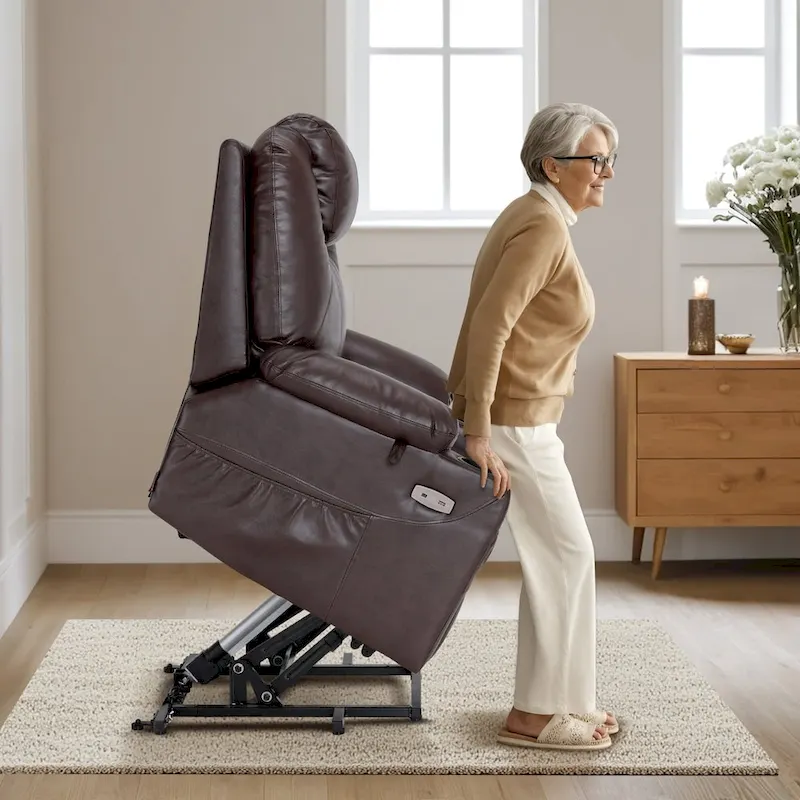 MCombo Large Power Lift Recliner Leather Chair with Massage, Heat, Cup Holders,Extended Footrest, Leather 7516