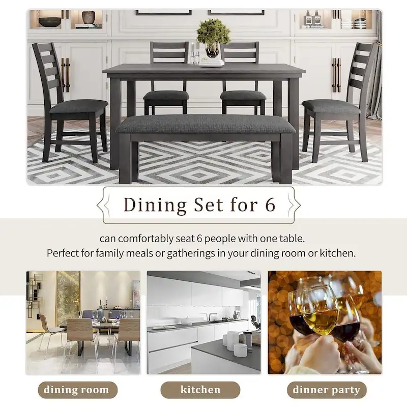 6 PCS Dining Room Table and Chairs with Bench, Rustic Wood Dining Set for 6