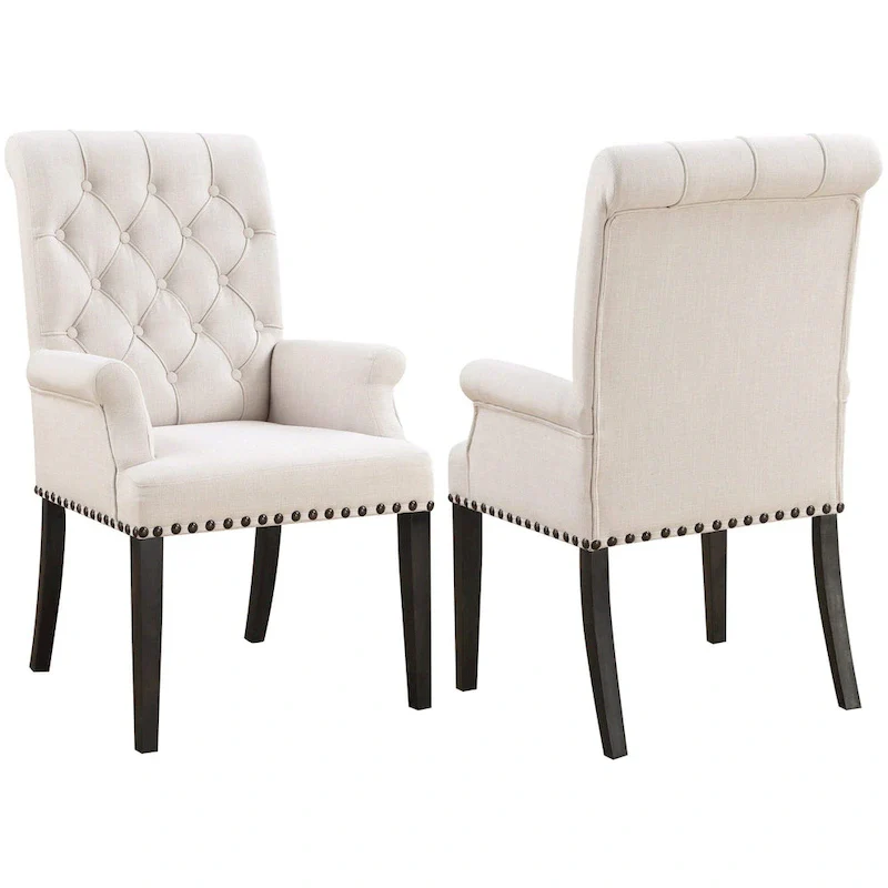 Rolled Back Design Button Tufted Beige Dining Arm Chair with Nailhead Trim