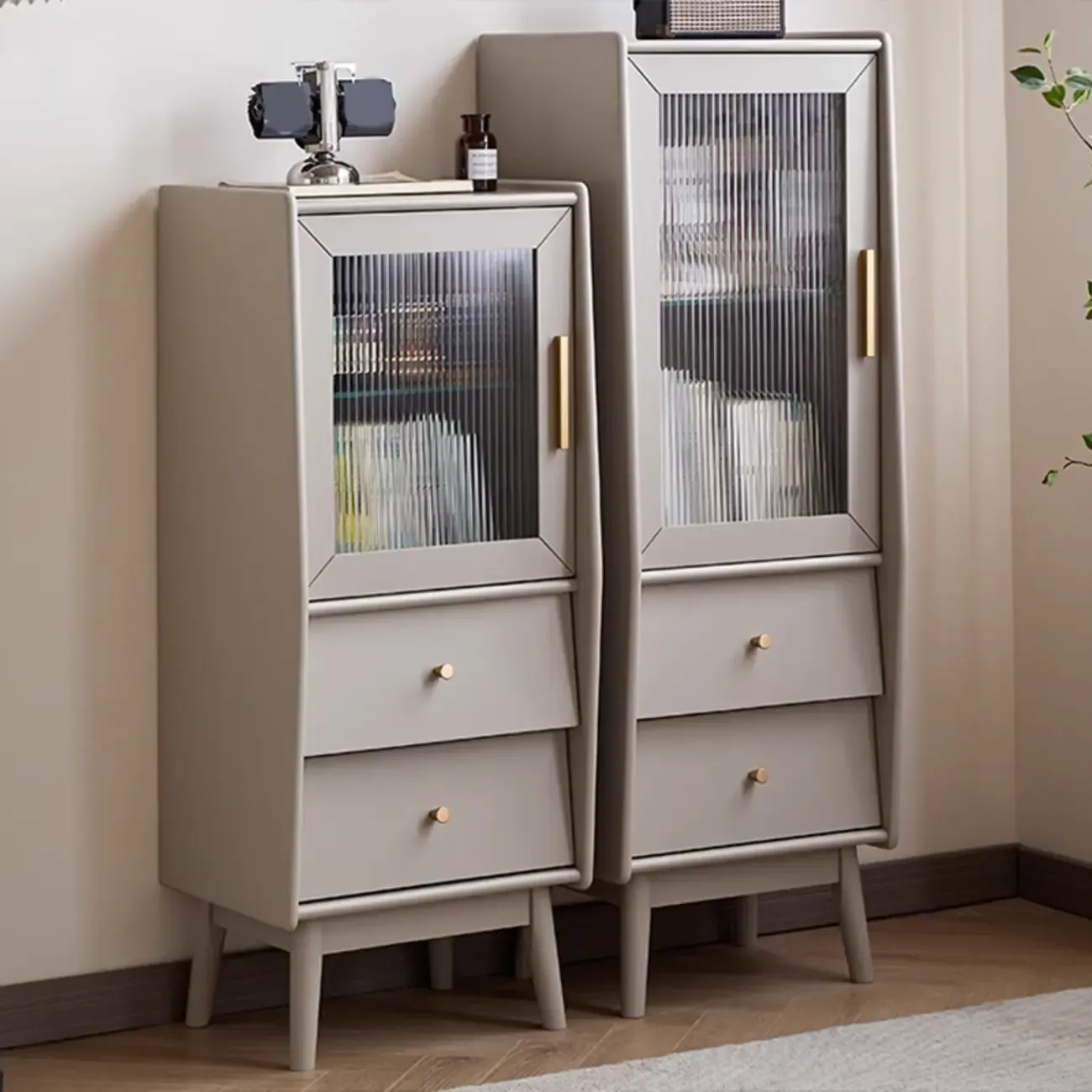 Modern Gray Pine Wooden Glass Storage Cabinet for Living Room