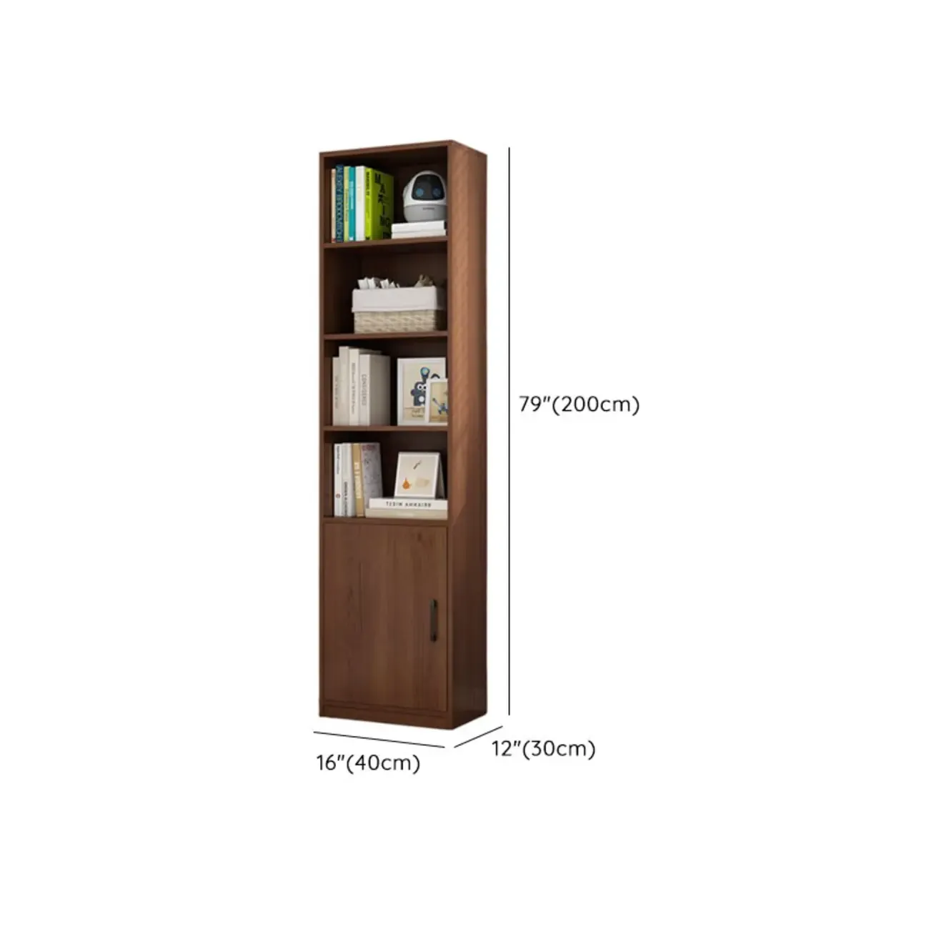 Narrow Modern Nut-Brown Wooden 3-Shelf Bookcase with Cabinet