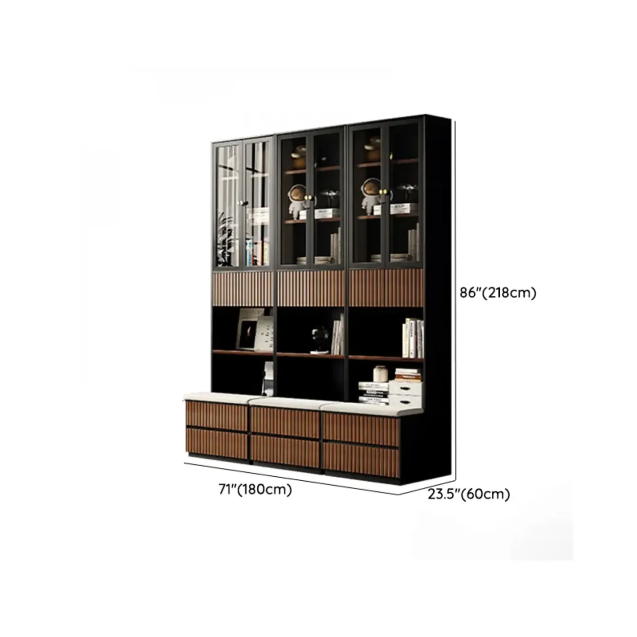 Tall French Country Display Wooden Bookcase with Cushioned Bench