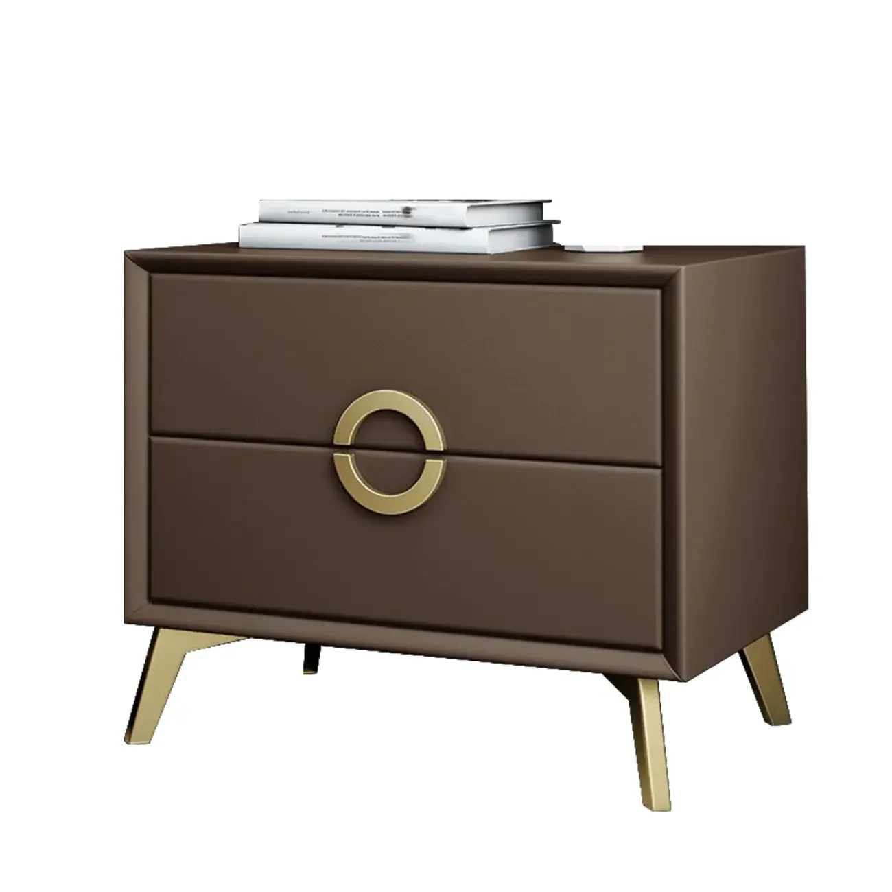 Chic Khaki Leather Gold Accents 2-Drawer Nightstand