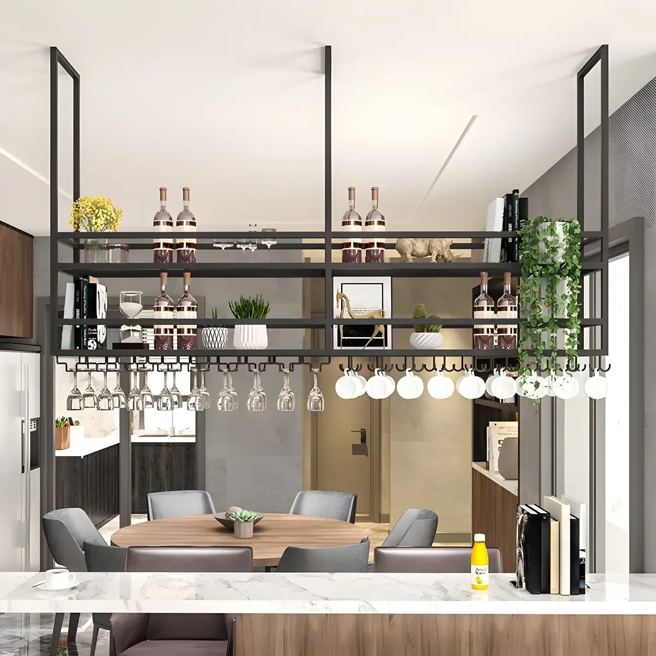 Black Metal Large Hanging Wine Rack with Glass Holder