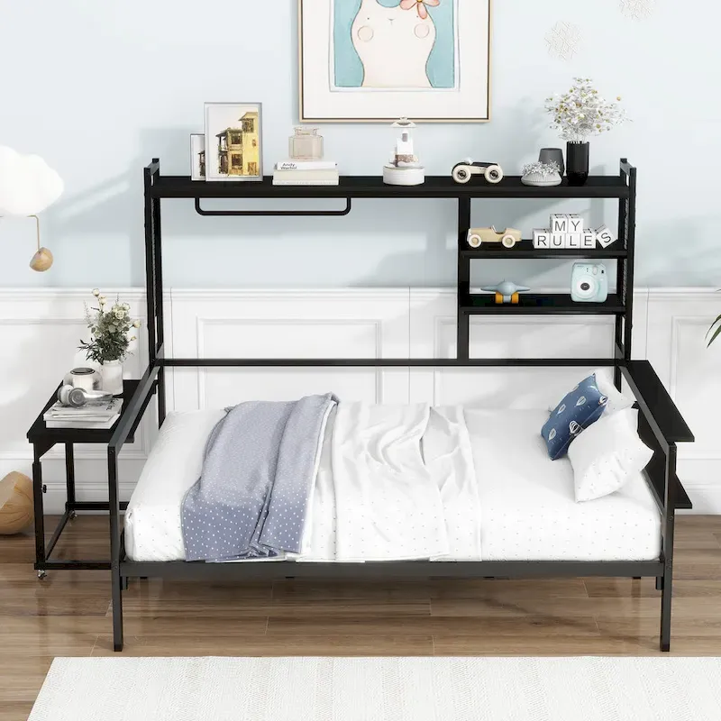 Versatile Daybed with Movable Desk, Metal Sofa Bed Frame with Metal Grid, Shelves and Clothes Hanger, No Box Spring Needed