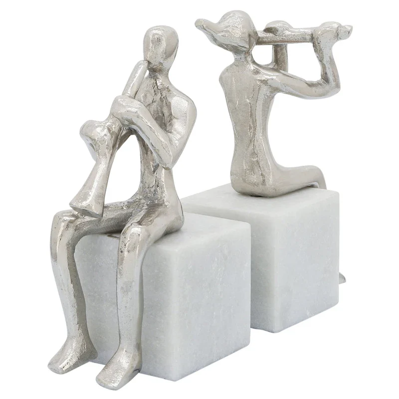 Set of 2 Metal Musician Bookends Contemporary Marble and Aluminum Silver Decorative Bookend Sculptures Music Lover