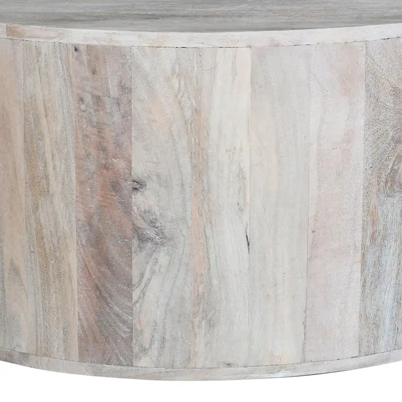 36 Inch Coffee Table, Handcrafted Drum Shape, Washed White Mango Wood