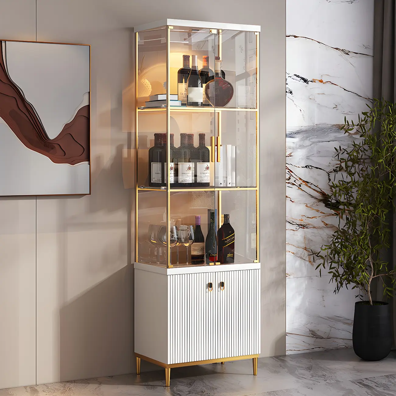 White Wine Glass Door Display Cabinet with LED Lights