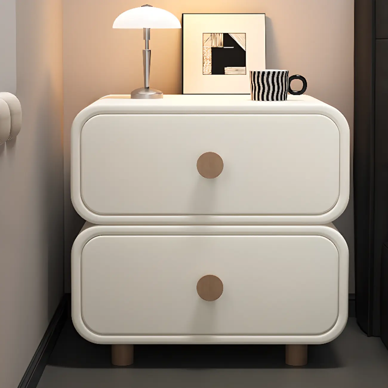 Solid Wood Leather-Top Black 2 Tiers Drawer Nightstand