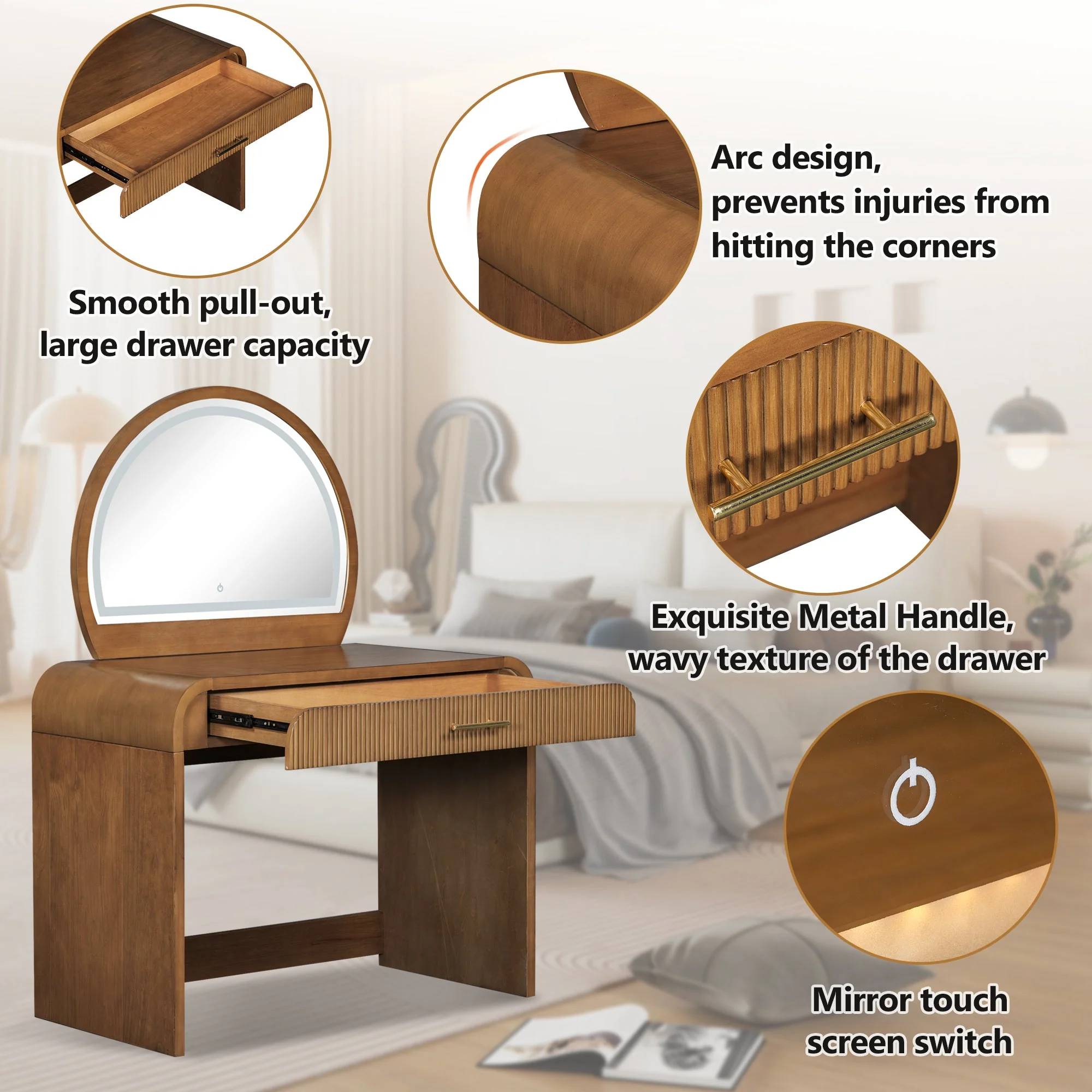 Walker Edison | Modern Reeded Curve Design Makeup Vanity Table