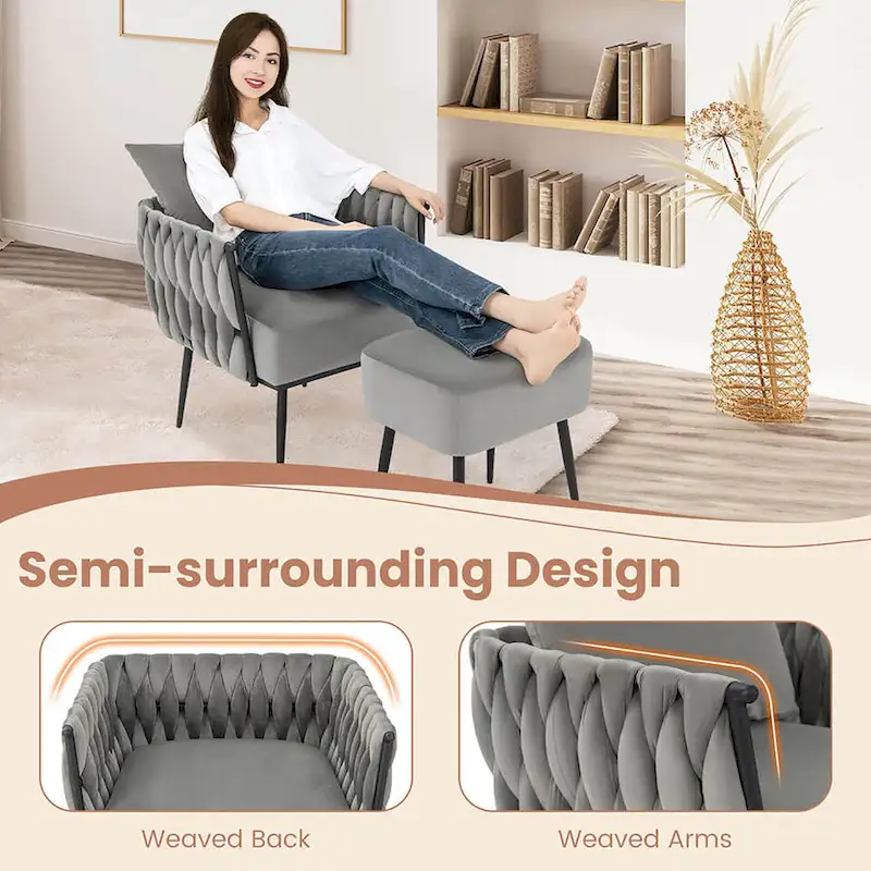 Gymax Modern Dutch Velvet Accent Chair & Ottoman Set Single Leisure