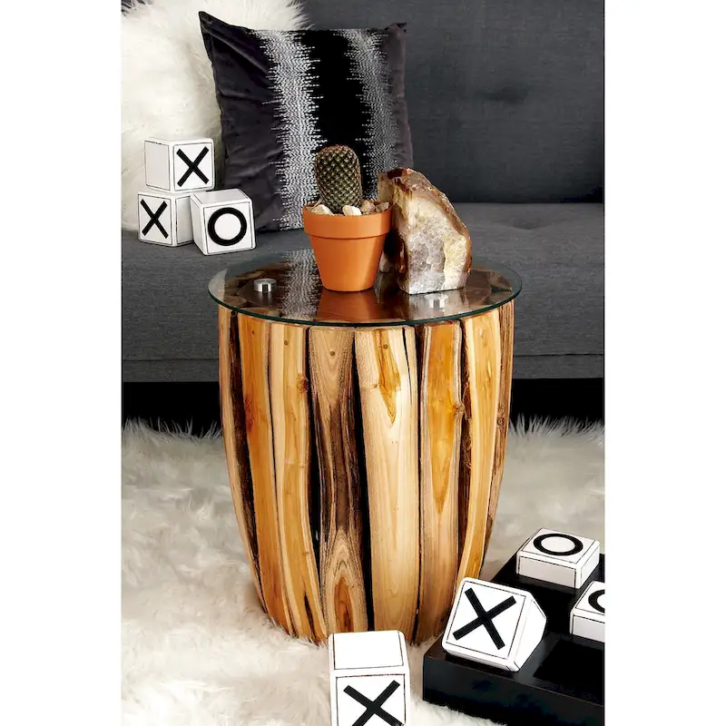 Teak Wood Handmade Accent Table with Clear Glass Top - Brown - Roche River Decor - 16  Wx16  Lx18  H