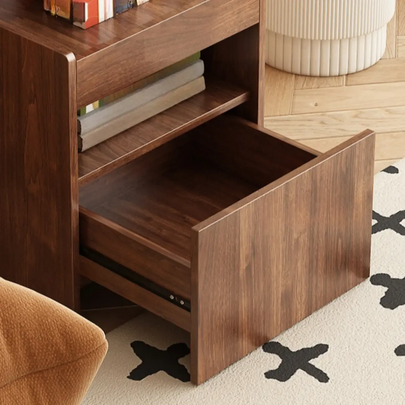 Rotating Brown Wood Rectangle Wheeled Side Table with Drawer