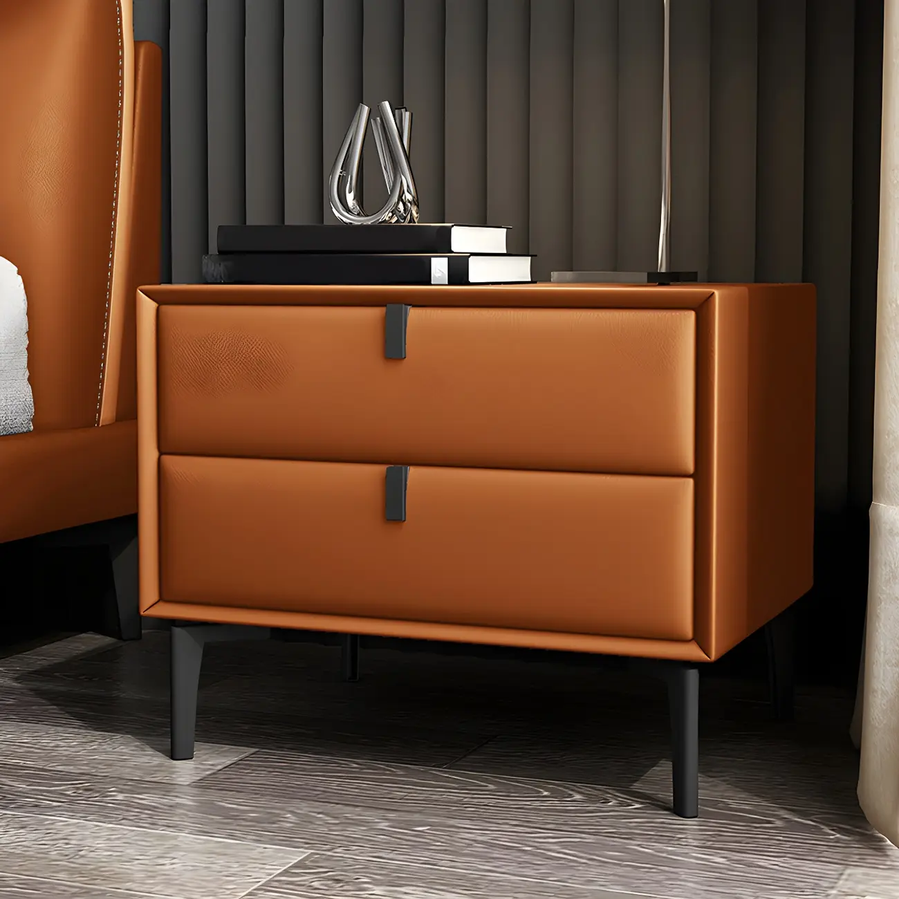 Modern Black Leather Bedside Table with Drawers