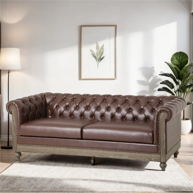 Retro 3 Seat PU Sofa with Wooden Frame and Legs