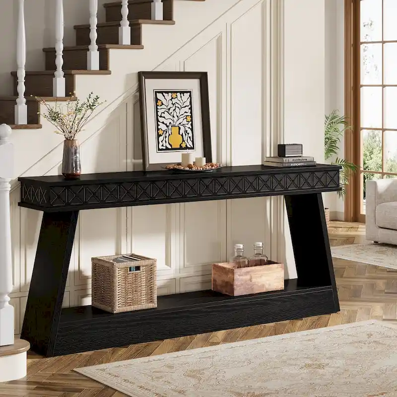Farmhouse 2-Tier Console Table for Entryway, Living Room, Hallway, Foyer - 70.87 D x 11.81 W x 31.5 H