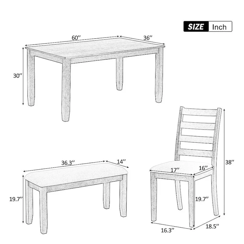 60 Farmhouse Rectangular Dining Table with 4 Upholstered Chairs and Bench