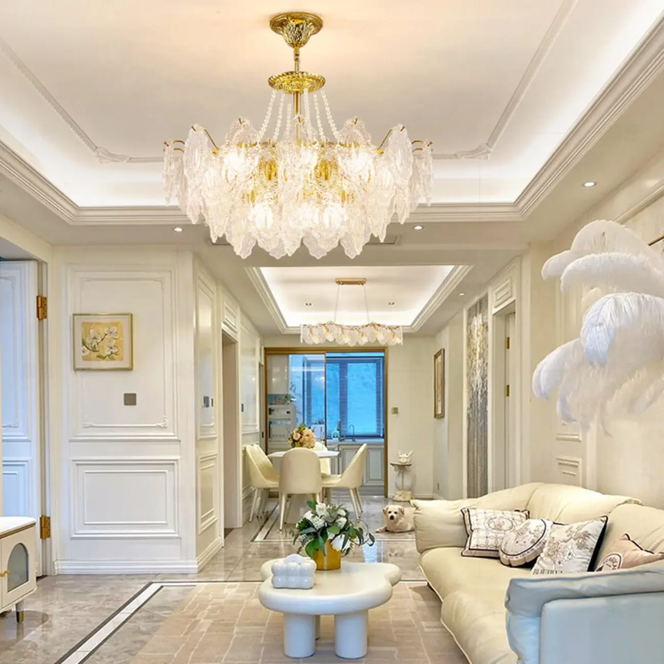 Luxurious Gold Crystal Leaf Round Pendant Chandelier